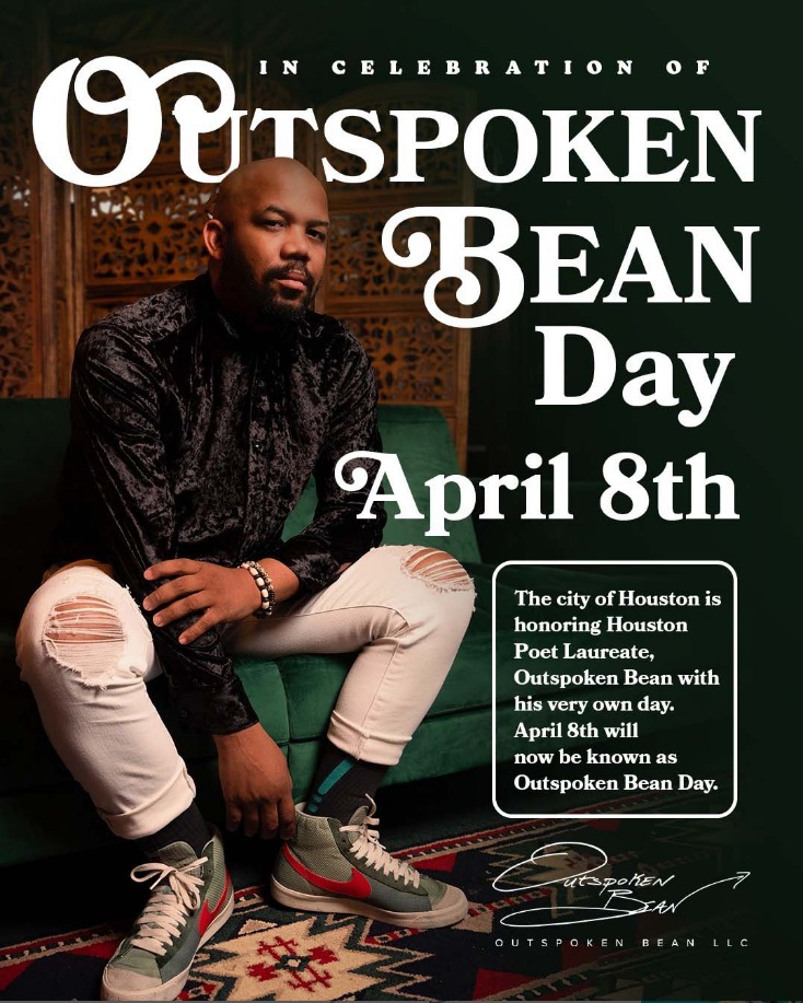 houstonlibrary's tweet image. In celebration of @outspokenbean&apos;s contributions as @HoustonTX&apos;s fifth #HoustonPoetLaureate, today, April 4, 2023, @houmayor proclaimed April 8, 2023 to be Outspoken Bean Day! #OneHoustonOneLibrary #ILoveHPL