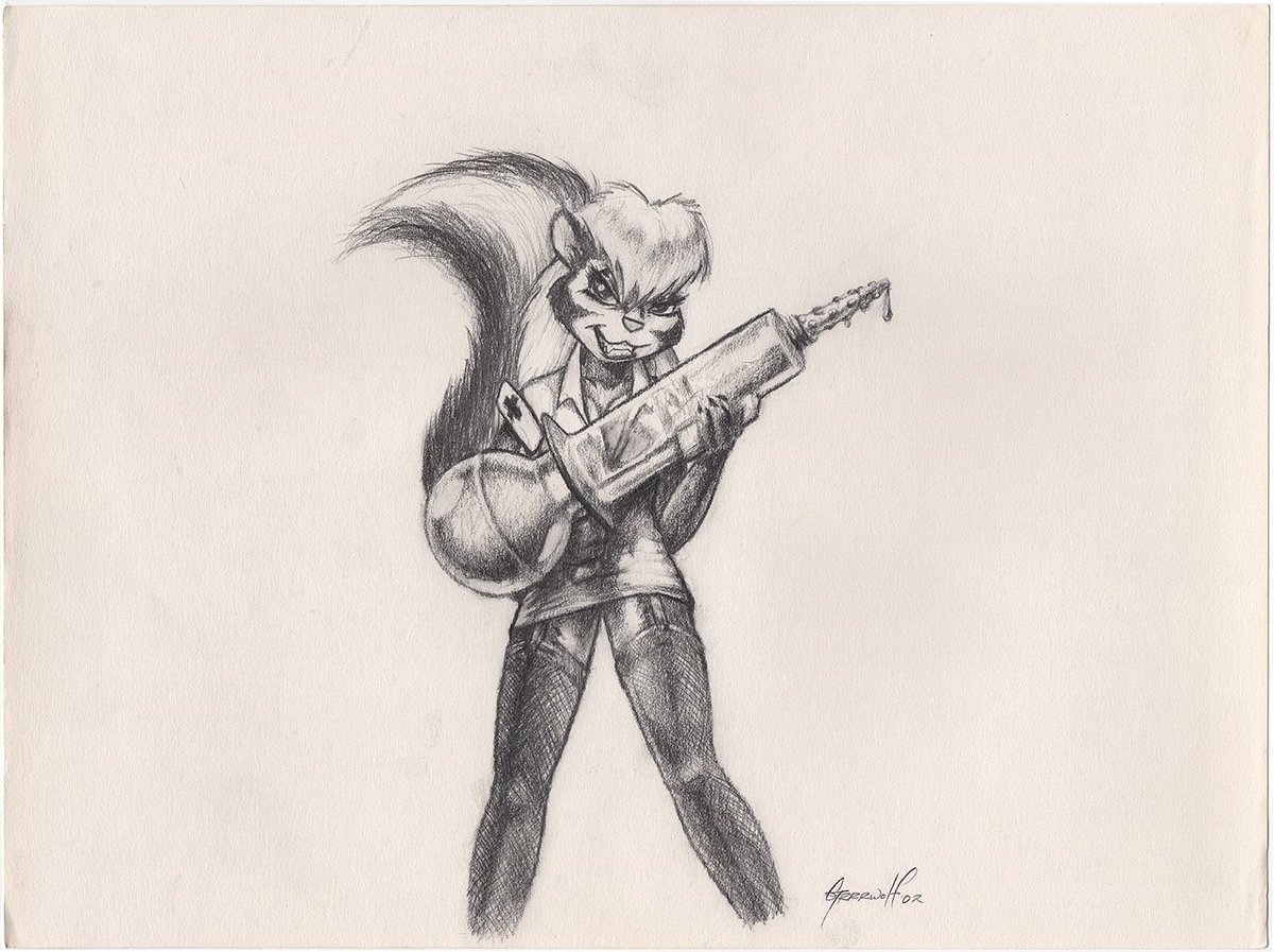 "Spread em!" 😈

Drawn 21 years ago for the one and only James Hardiman. 

Jim always had the best, raunchiest humor, and I  absolutely wanted to pay homage to that. I had thought about digitally adding "The Enemator 9000" to the barrel, but it obscured too much. =P