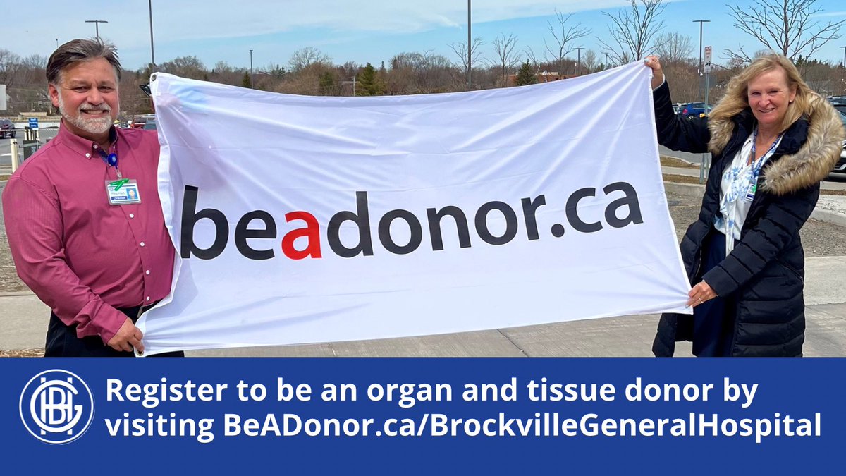1/ At BGH we're raising the Trillium Gift of Life Network  flag in honor of Be A Donor month. Reg Hart, Program Director, and Julie Caffin, Senior Vice President, Chief Nursing Executive, and Chief Operating Officer, are encouraging everyone to register to be a donor.