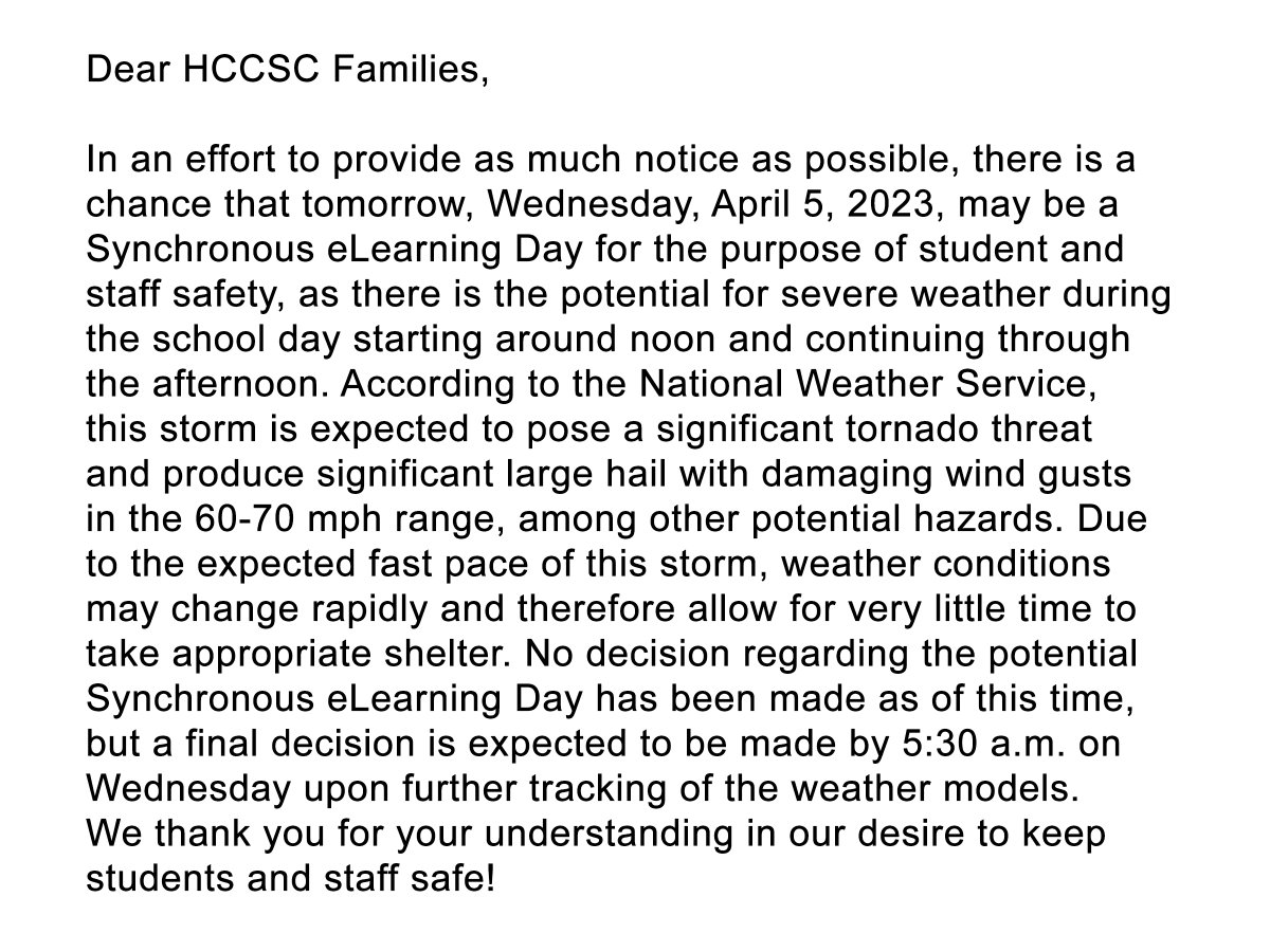 Dear HCCSC Families,

Please see the attached message regarding tomorrow, Wednesday, April 5, 2023.