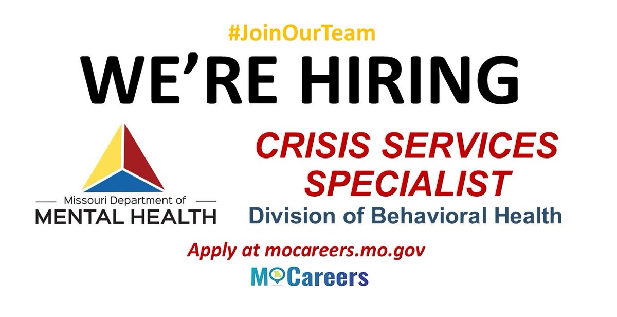 DMH Div. of Behavioral Health seeks to hire a Crisis Services Specialist,  responsible for day-to-day operations &amp; TA for programming crisis services, providing administrative program support, &amp; serving as a  team member for other crisis-related services. ow.ly/gZzl50NAhux
