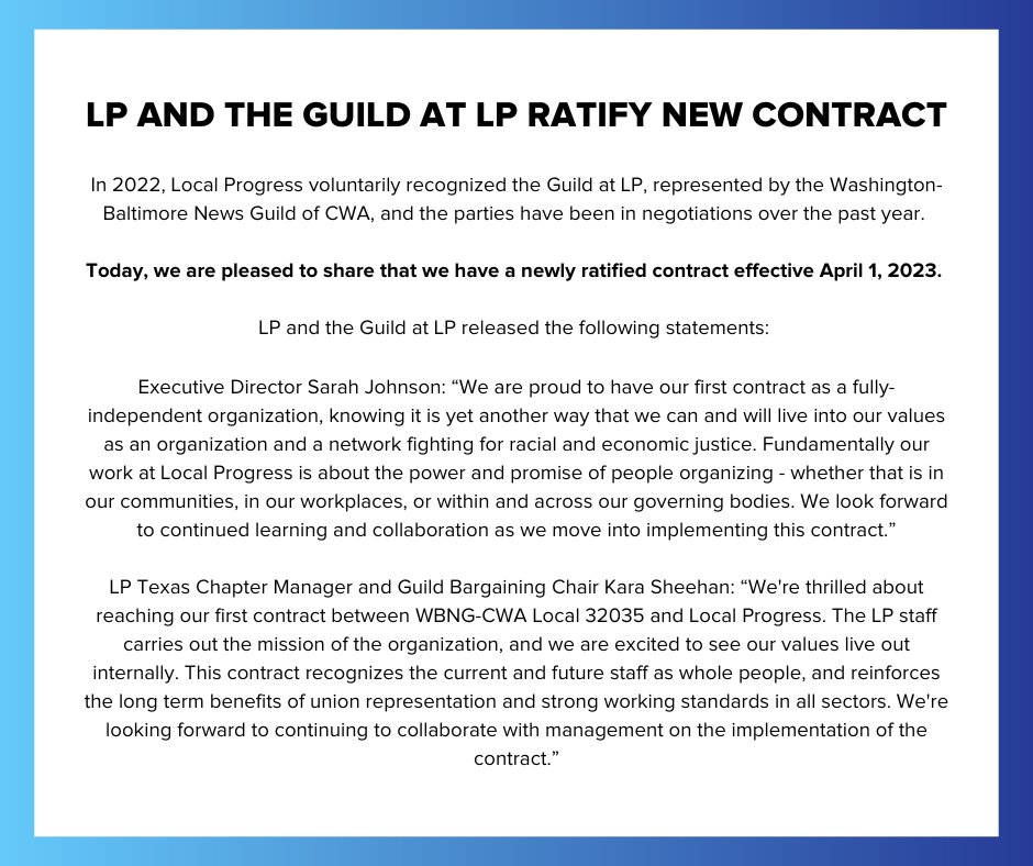 LocalProgress's tweet image. LP and @GuildatLP have been in contract negotiations over the past year. 

Today, we're excited to share that we have a newly ratified contract! 

Our joint statement: