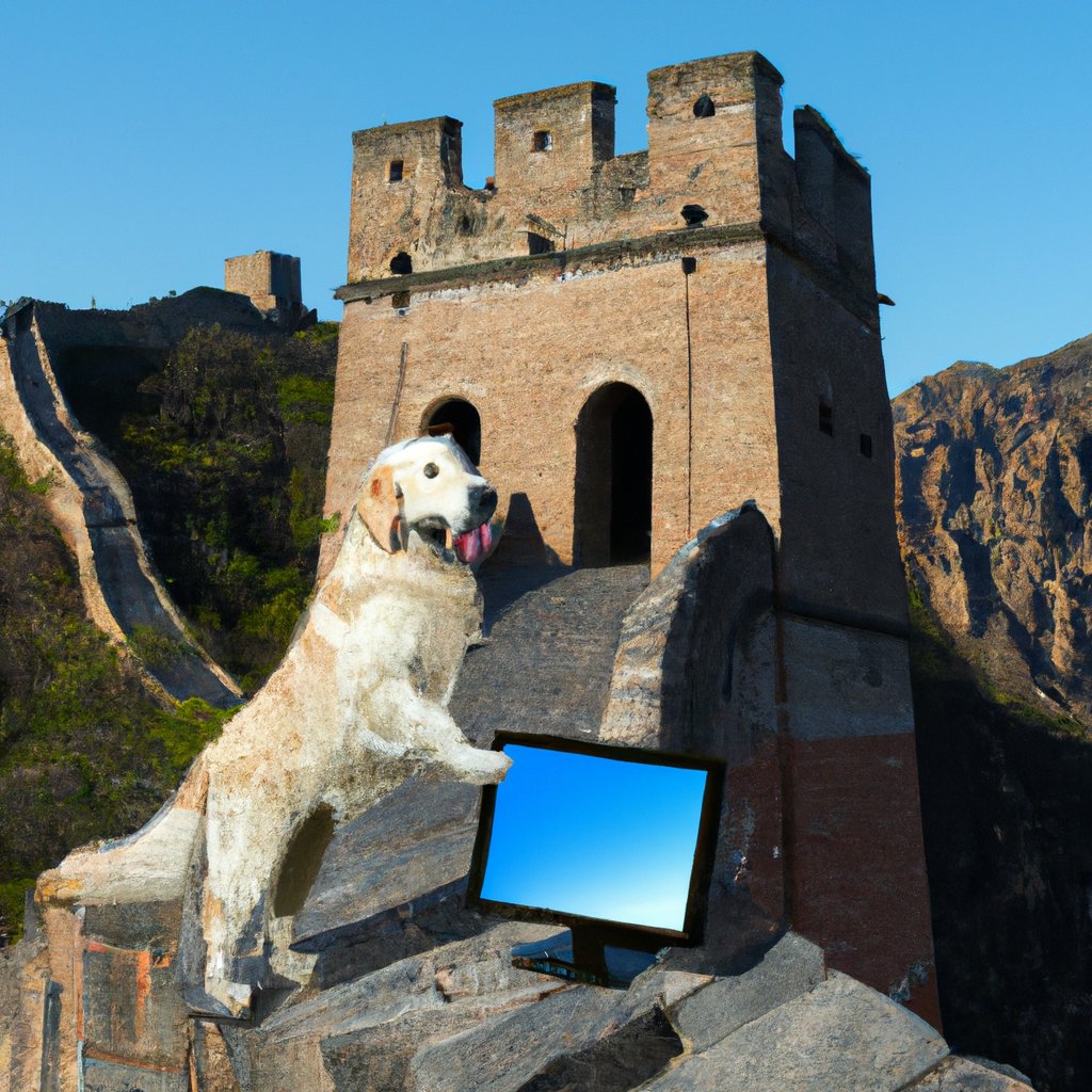 TechieDogs's tweet photo. Golden Retriever dog progamming at The Great Wall of China with a Mac Mini. #TechieDogs https://t.co/0gRs89C4Zg