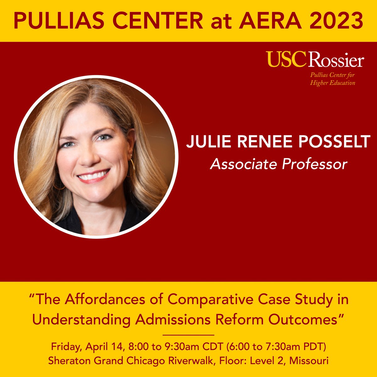 USCPullias's tweet photo. AERA 2023 is coming up soon and @JuliePosselt will be attending! See her discuss “The Affordances of Comparative Case Study in Understanding Admissions Reform Outcomes” on Friday, April 14. @AERA_edresearch @AdriannaKezar @USCRossier https://t.co/jS8T2e1mfY