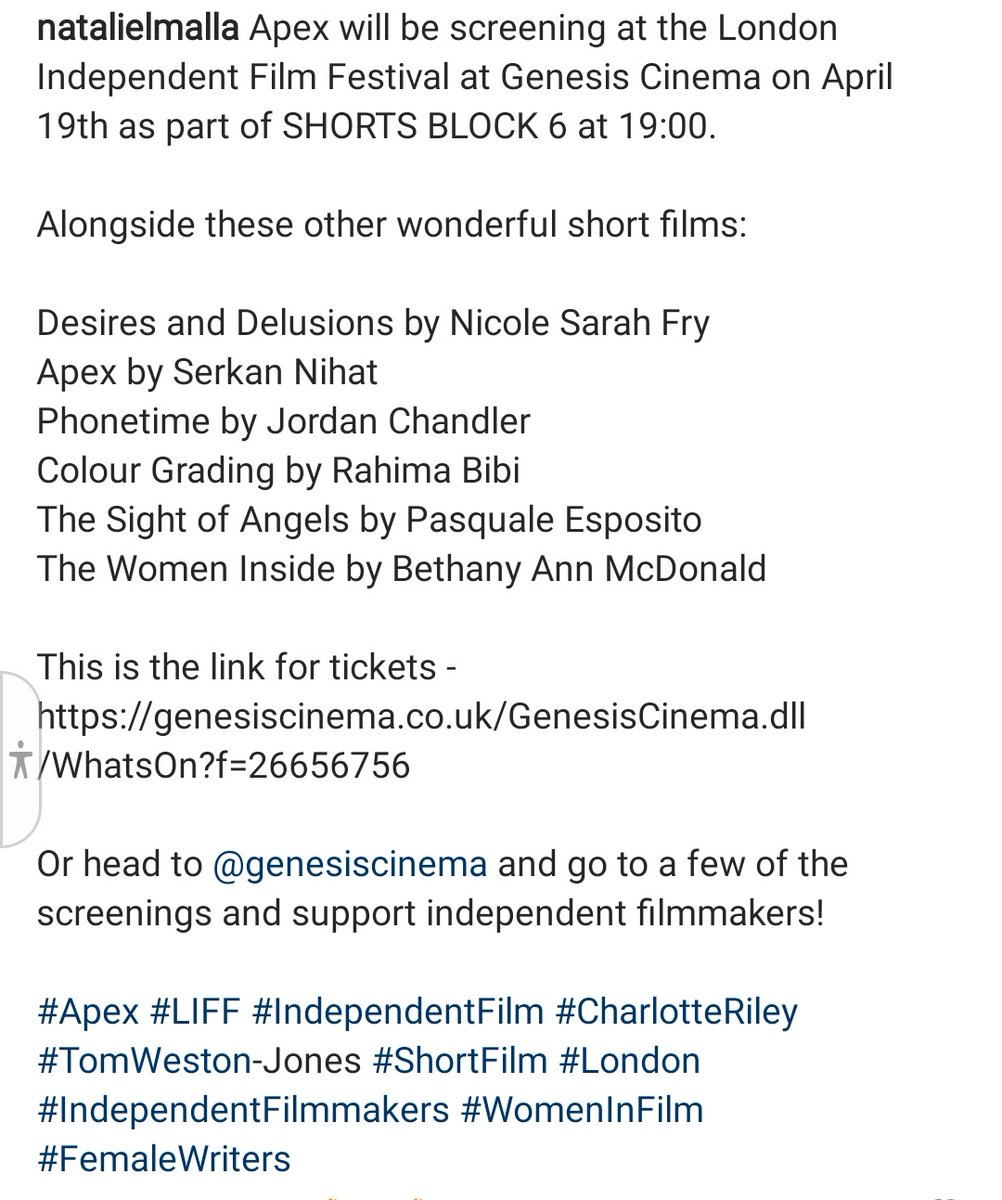 Ig @natalielmalla 
⁠
#Apex #LIFF #IndependentFilm #CharlotteRiley #TomWeston-Jones #ShortFilm #London #IndependentFilmmakers #WomenInFilm #FemaleWriters