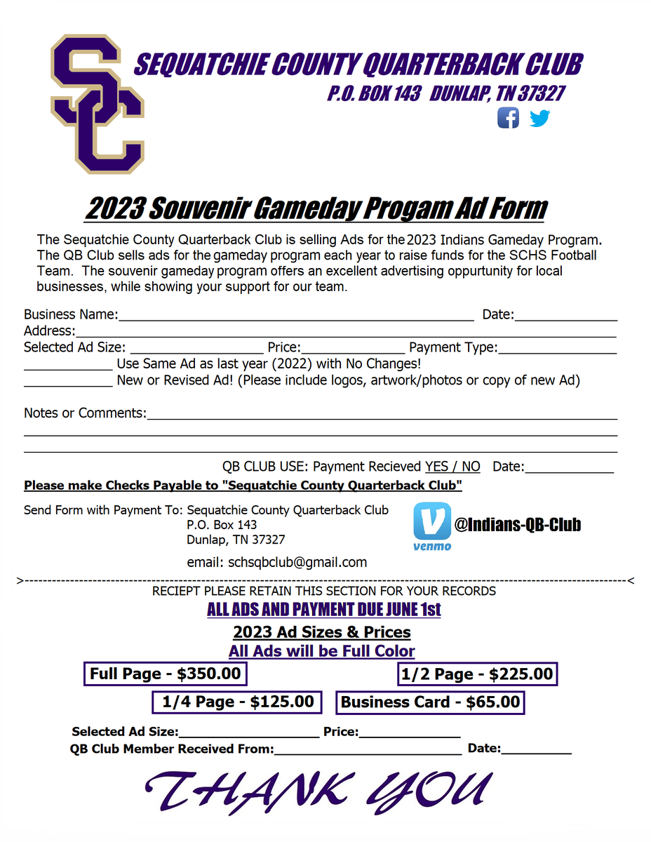 SCHSQBClub's tweet photo. QB Club Officers and members have begun contacting Businesses &amp; Individuals if they would like an Ad in the 2023 GAMEDAY Program. 

If you weren't in last years program and are interested. Then please use the form below or leave us a message. https://t.co/wI5QhPDJ1S