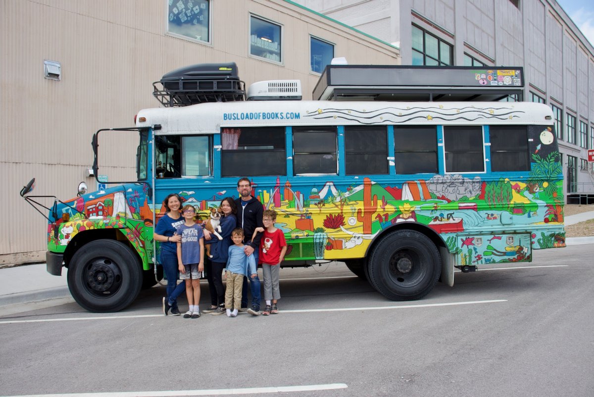 RabbitHoleKC's tweet photo. Yesterday we had a the privilege of meeting children’s book creators Robbi and Matthew as well as their kids Alden, Kato, August, Jasper and pup Dumbles. If you haven’t heard of their ambitious project, #BusloadOfBooks, buckle up!
1/2 https://t.co/OL5z8dR4Kr
