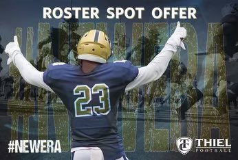 After a great conversation with <a href="/ChrisJParry3/">Coach Parry</a> I am blessed to receive an offer from @Thiel_Football. <a href="/WestportFB/">Westport Wolfpack Football</a>