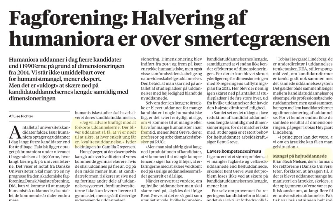 »Mange er ikke klar over, hvor meget humaniora er blevet reduceret. Der er lukket 99 uddannelser siden 2013, og vi uddanner i dag færre end i 90’erne.«
Ovenpå dette skal man IKKE forkorte uddannelserne! <a href="/Toholi/">Tobias Høygaard Lindeberg</a> <a href="/Danskeuni/">Danske Universiteter</a>
Læs hele artiklen m graf i <a href="/informeren/">Dagbladet Information</a> s 4 onsdag #dkpol