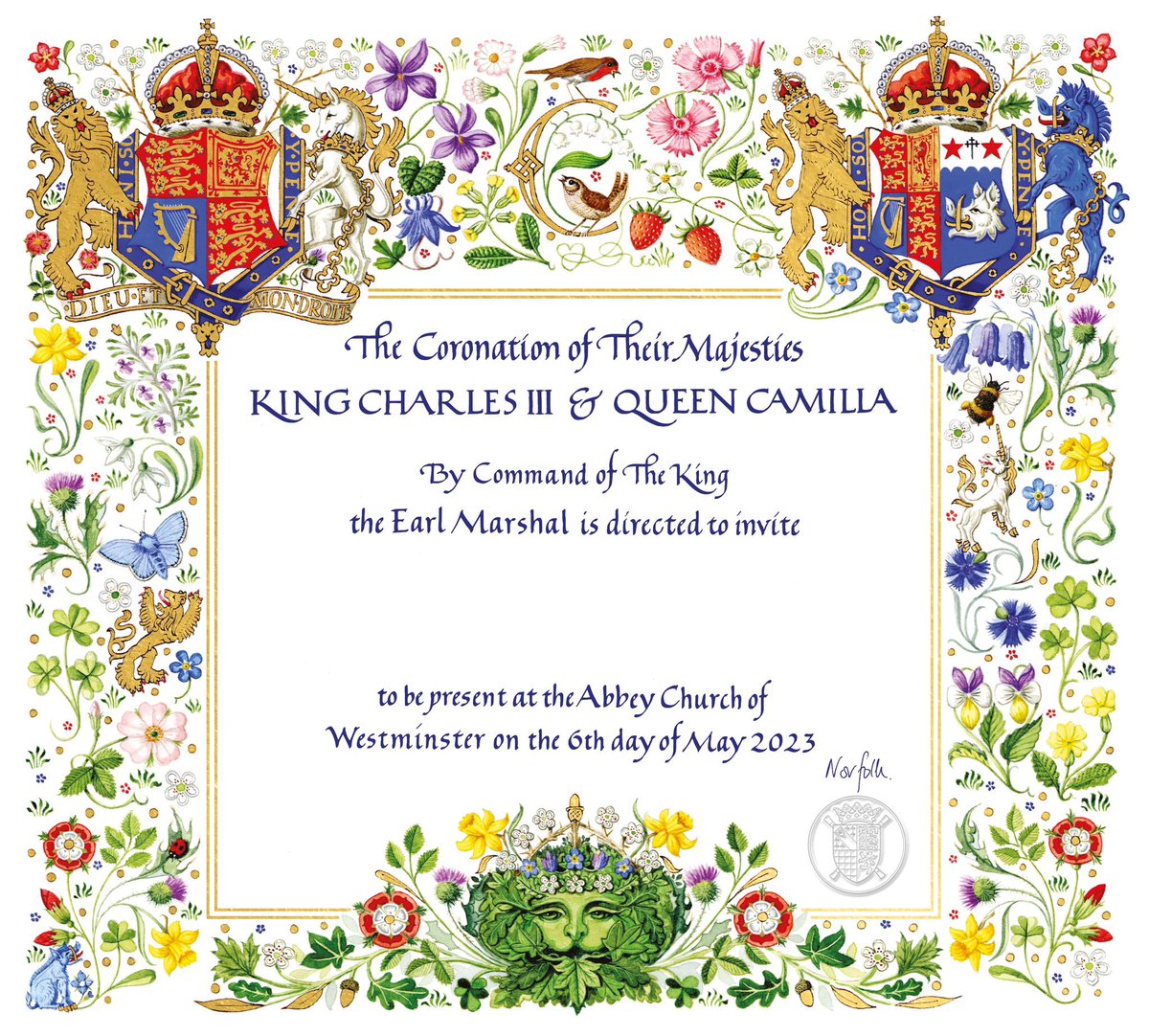 🚨 The Coronation invitation is revealed!

Designed by heraldic artist Andrew Jamieson and featuring a floral border including meadow wildflowers, it will be printed on recycled card

📸 : Buckingham Palace