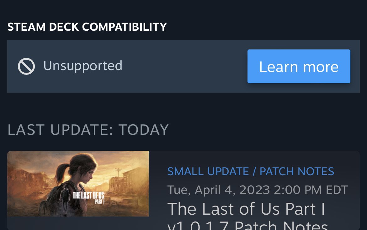 Hunter 🎮 on X: The Last of Us Part 1 Steam Deck compatibility has been  lowered to “Unsupported” while Naughty Dog addresses performance issues  Steam page:   / X