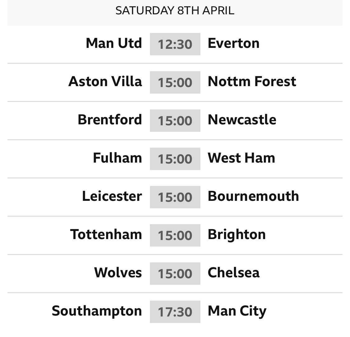 This weekend.

Leicester vs Bournemouth 
Aston Villa vs Nottm Forest
Wolves vs Chelsea 
Southampton vs Man City

As long we don’t take a huge hit on the GD and results go our way, it might not be the worst of weekends. #SaintsFC https://t.co/V4CSiCeFzV