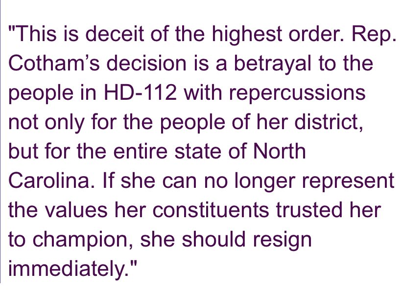 JamieBollWBTV's tweet photo. New into @WBTV_News from @MeckDems Chair Jane Whitley. She calls on @triciacotham to resign following Cotham’s decision to switch party affiliation to Republican. Full statement below. https://t.co/YlT6lxZSIQ