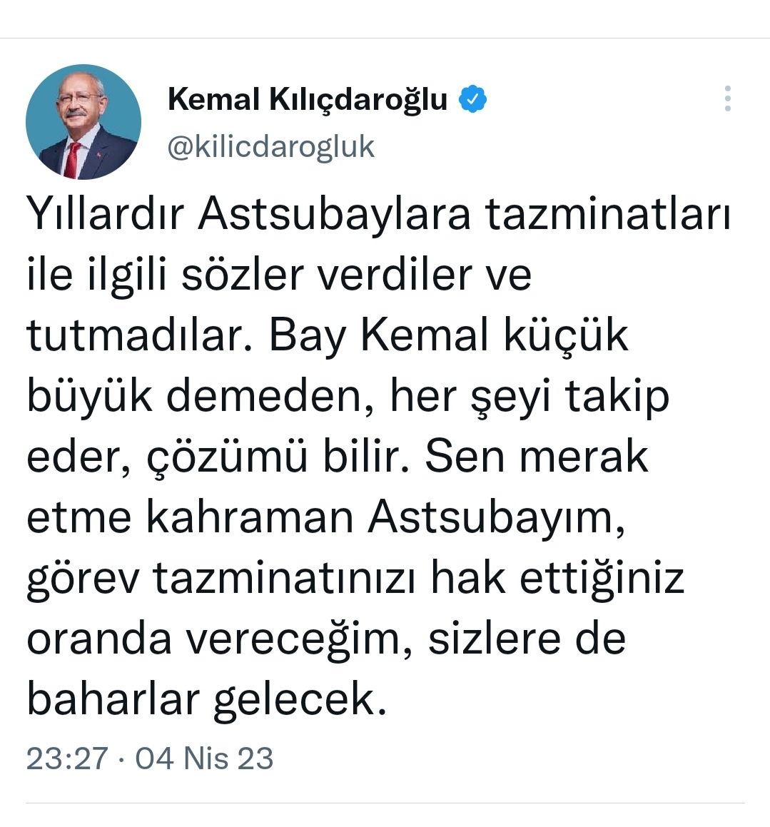 #AstsubaylarHuzursuz
Sayın Başkanım
Karlar Erimeden dedik. 
Lakin Karlar Eridi.
Bahar geliyor.
Ailesi ile birlikte 2 Milyon Astsubayın Tazminat ve Ek Gösterge Hakları verilmedi.
Sayın Kılıçtaroğlu Teşekkür Ediyoruz. 
<a href="/RTErdogan/">Recep Tayyip Erdoğan</a>
<a href="/tcsavunma/">T.C. Millî Savunma Bakanlığı</a>
<a href="/kilicdarogluk/">Kemal Kılıçdaroğlu</a>
<a href="/mustafaelitas/">Mustafa Elitaş</a>
<a href="/fuatoktay/">Fuat Oktay</a>