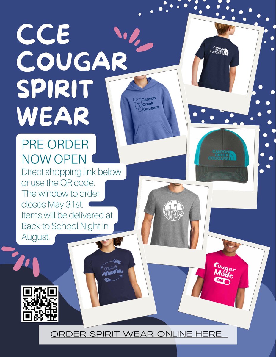 📢 Fall ‘23 Spirit wear is HERE!!

All sales are done through Pre-Order, so order now through May 31 for next year’s fashion!

🔗 tinyurl.com/SpiritwearCCE23

🎁 Also, consider adding a donated item to your cart for next year’s new kids who won’t get a chance to order!