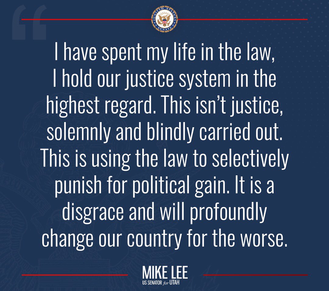 SenMikeLee's tweet photo. My statement following the indictment of former President Donald Trump: https://t.co/ehKMyLAzd4