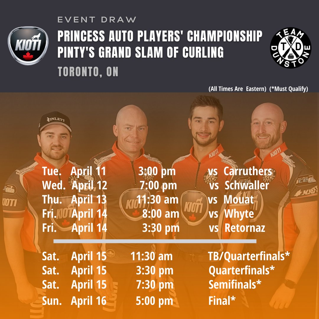 We’re back on the ice next Tuesday in Toronto for the  GSOC Princess Auto Players’ Championship, April 11-16. We open against <a href="/teamcarruthers/">Team Carruthers</a> 

Sportsnet coverage starts Thursday.

You’ll find event details and the broadcast schedule here: linktr.ee/teammdunstone

#WeDigDirt