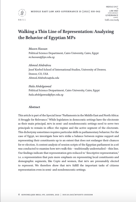 Hala Abdelgawad (@halaabdelgawad_) on Twitter photo For #Egypt, we examine the behavior of MPs maneuvering regime support and the #representation of their constituents for re-election. #Legislature #MENA #ContentAnalysis #PolSci
Coauthored with Professors Mazen Hassan and <a href="/Abdraboh1980/">Ahmad Abd Rabou</a> <a href="/law_middle/">Middle East Law and Governance (Brill)</a> For #Egypt, we examine the behavior of MPs maneuvering regime support and the #representation of their constituents for re-election. #Legislature #MENA #ContentAnalysis #PolSci
Coauthored with Professors Mazen Hassan and <a href="/Abdraboh1980/">Ahmad Abd Rabou</a> <a href="/law_middle/">Middle East Law and Governance (Brill)</a>