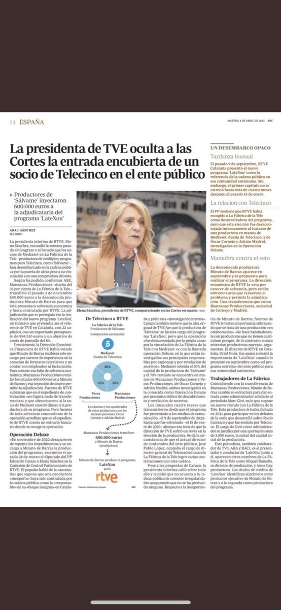 Bravo <a href="/abc_es/">ABC.es</a> , esto es de vergüenza y la gente tiene que saber!! y cuando empiecen a salir otros nombres …se esclarecerá todo mucho más . 
No merecemos una tv así !! #operaciondeluxe