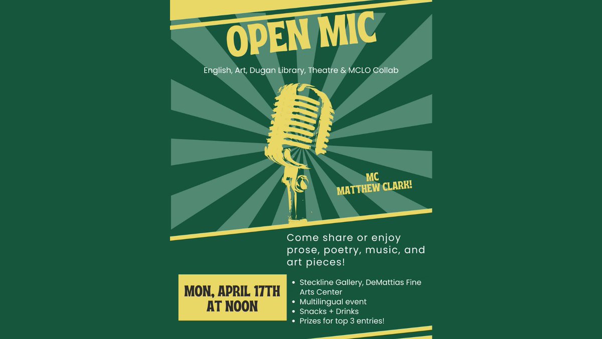 NewmanU's tweet photo. Join us for an open mic event in the Steckline Gallery at noon Monday, April 17. Prizes will be awarded for the top three student entries/ performances! All are welcome to enjoy snacks and drinks. https://t.co/ey8CRgZ4FO