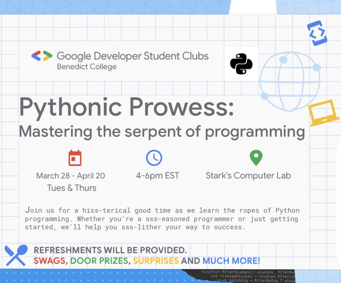 Calling all programmers❗️

Our Python workshop is still happening. Day 4 is this Thursday 4/6 at 4pm in the Starks Lower Level. 

Any type of experience is welcomed. Whether you have no experience or a little, come join us!

#coding #workshop #SoftwareDeveloper #gdsc