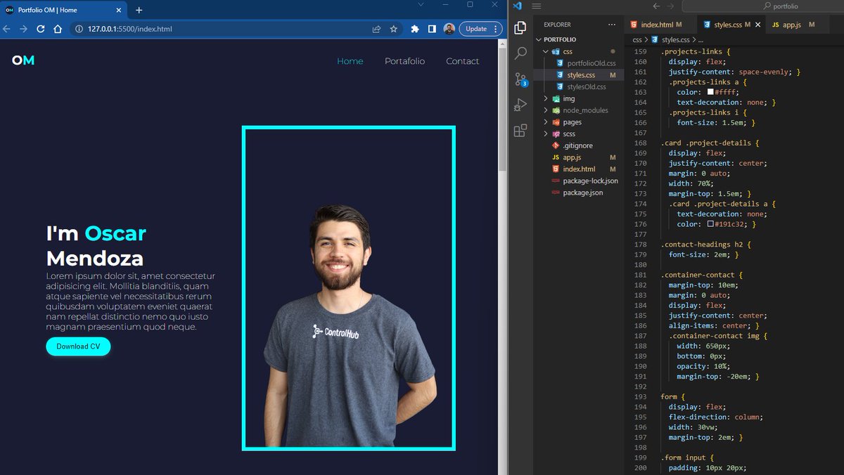 FrontendOscar's tweet image. First personal portfolio ever! Still not done yet, thinking on adding JS here 🤔 Devs, how would integrate JS in your portfolio? 🧠 #Javascript #LearningCode
