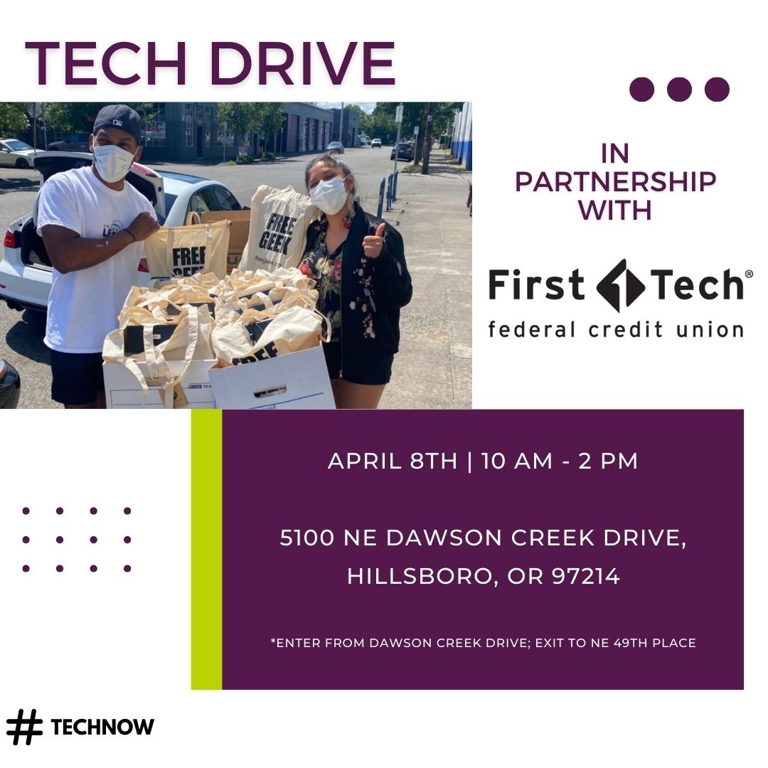 FirstTechFed's tweet photo. #FirstTech is partnering with @FreeGeekPDX for their #TechNOW drive to collect used devices like laptops, cell phones and tablets. You can help by bringing your technology to our First Tech HQ in Hillsboro on April 8th from 10am-2pm
For more information – https://t.co/H2gQK9iedW https://t.co/d5eiqL9vEB