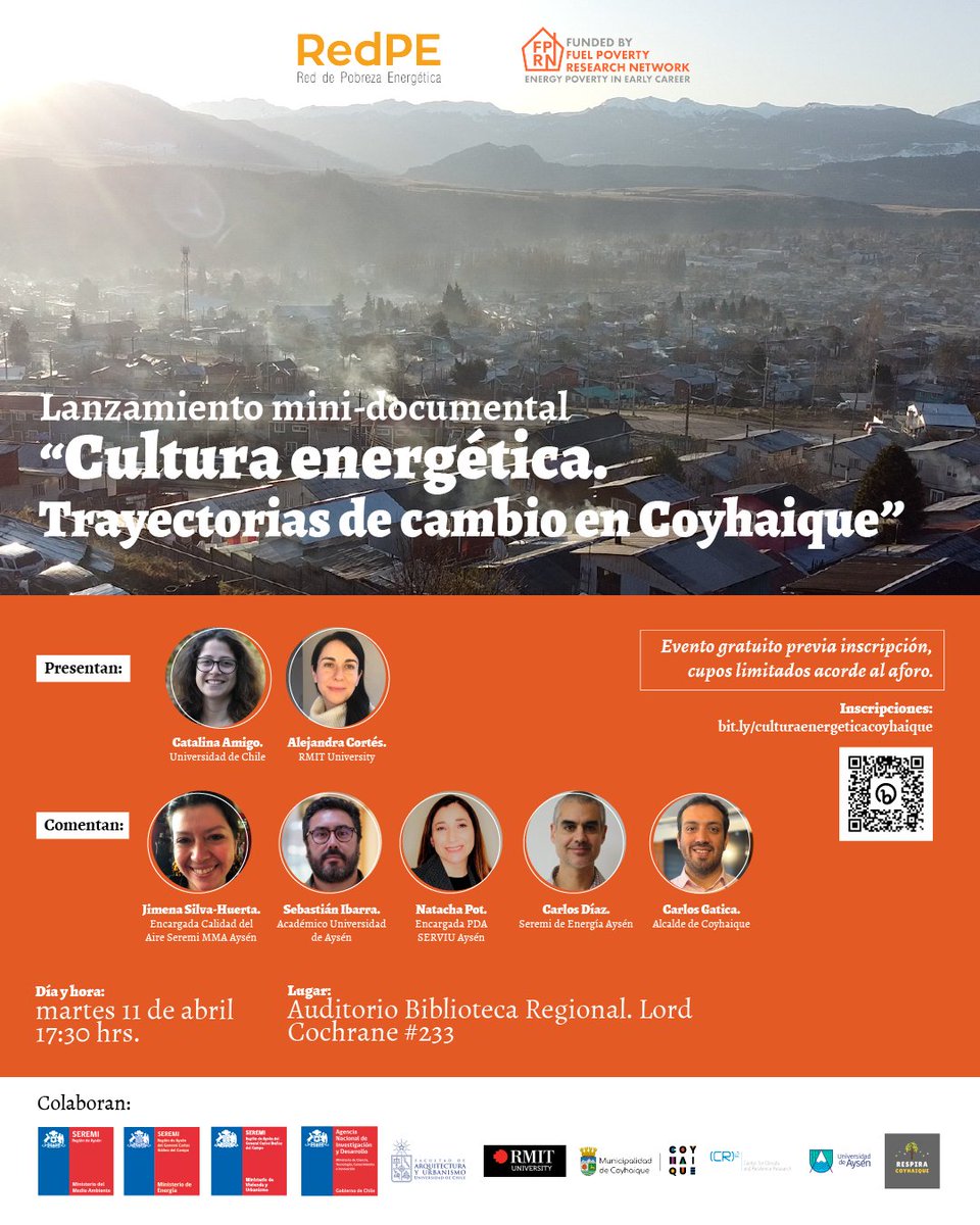 RedPE_Chile's tweet photo. ¿Y si vemos un documental? 🍿
Estreno: “Cultura energética. Trayectorias de cambio en Coyhaique”
Martes 11/abril - 17:30 a 19:00 hrs
Biblioteca Regional de Coyhaique, Lord Cochrane #233, Coyhaique, Chile.
Inscripciones https://t.co/HpJIFUwP2D
#culturaenergética #pobrezaenergetica https://t.co/c9iOI9vev9