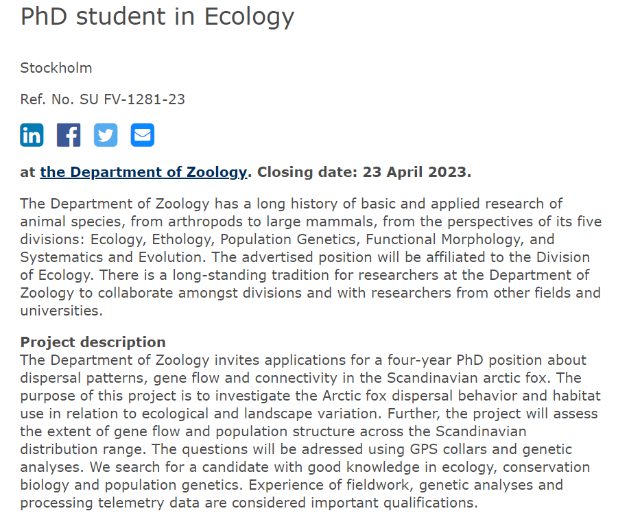 PhdScanner's tweet photo. 📢Passionate about #ecology   ?    

✅4⃣year funded  #phdposition to "investigate the #arcticfox  dispersal behavior & #habitat use in relation to ecological and landscape variation"
@Zoology_SU @Stockholm_Uni @fjllrvsprjkt 

⏰Deadline: 23 Apr "23  

Source 👇

https://t.co/m4dCI0F5aw

#ecology #zoology #arcticfox #Sweden 🇸🇪