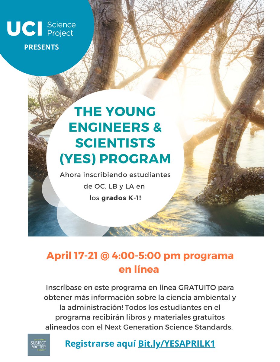 The UCI Science Project is now recruiting kindergarten and first grade students for our YES Program on 04/17 - 04/21 from 4 - 5 pm! 

Students will be able to learn about environmental stewardship! All program materials will be provided. Register here 👉 bit.ly/YESAPRILK1