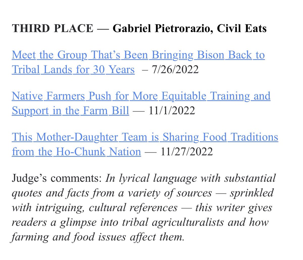 Congrats to <a href="/greylmoran/">Grey Moran</a> and <a href="/CivilEats/">Civil Eats</a> for earning an honorable mention as a part of the inaugural Next Gen Young Writer award <a href="/NAAJAgJ/">NAAJAgJournos</a>. My coverage of Indigenous foodways placed third overall in this new category!
