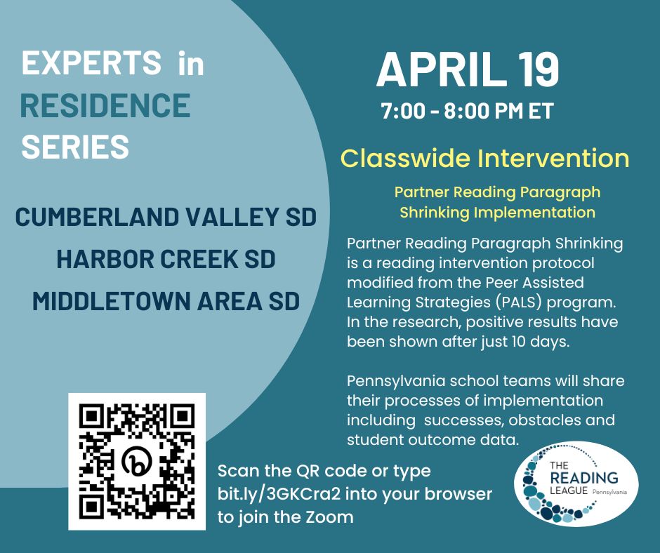liv2learn's tweet photo. TRL PA's next Experts in Residence series event is  an overview of the class-wide intervention Partner Reading Paragraph Shrinking.  3 SD teams will share implementation experiences &amp; S outcomes. Join us on 4/19 7-8 PM/EDT by placing https://t.co/mjiTlDqLyd into your browser. https://t.co/mV73zI8kgO