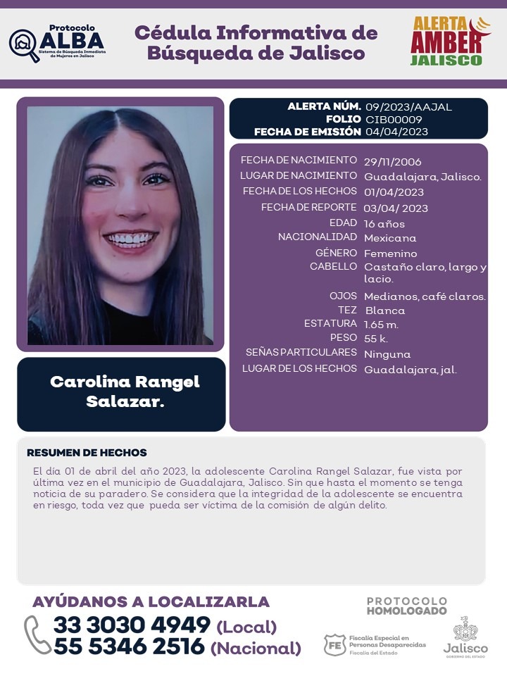 AAMBER_JAL's tweet photo. #AlertaAmber y #ProtocoloAlba solicitan tu apoyo para la búsqueda y localización de CAROLINA RANGEL SALAZAR, de 16 años de edad. Gracias por compartir la información. https://t.co/3cmlsVwMTg