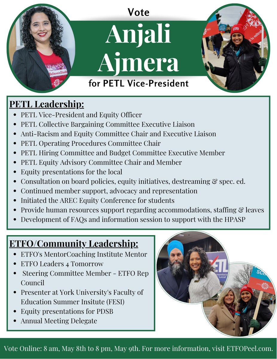 2023 #PETL Elections
Anjali Ajmera is running for the position of Vice President.
More here: bit.ly/3KdzGi8
*NOTE: This is an official PETL post. It may be Liked, Reposted &amp; Shared without commentary. Commenting, replying &amp; campaigning are not permitted via SM.