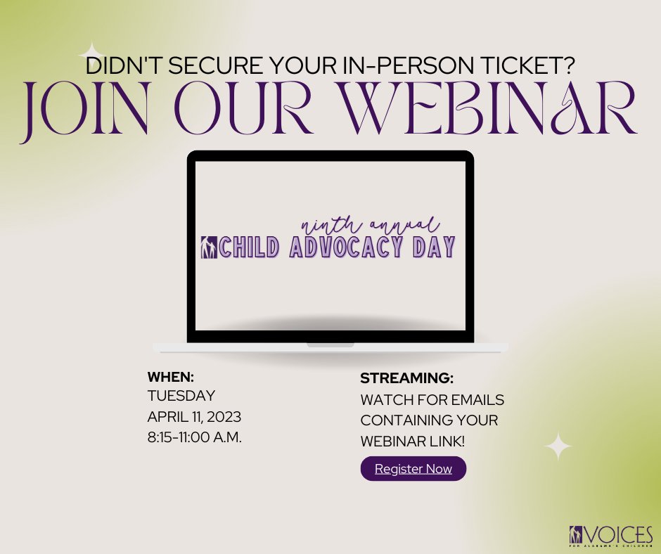Our in-person option is sold out, but you can still join the waitlist and register for our WEBINAR! What are you waiting for? Register today at 2023CAD.EVENTBRITE.COM!

#Advocate #Advocacy #ChildAdvocacy #ChildAdvocacyDay #ChildAdvocacyDay2023 #Alabama #Legislature