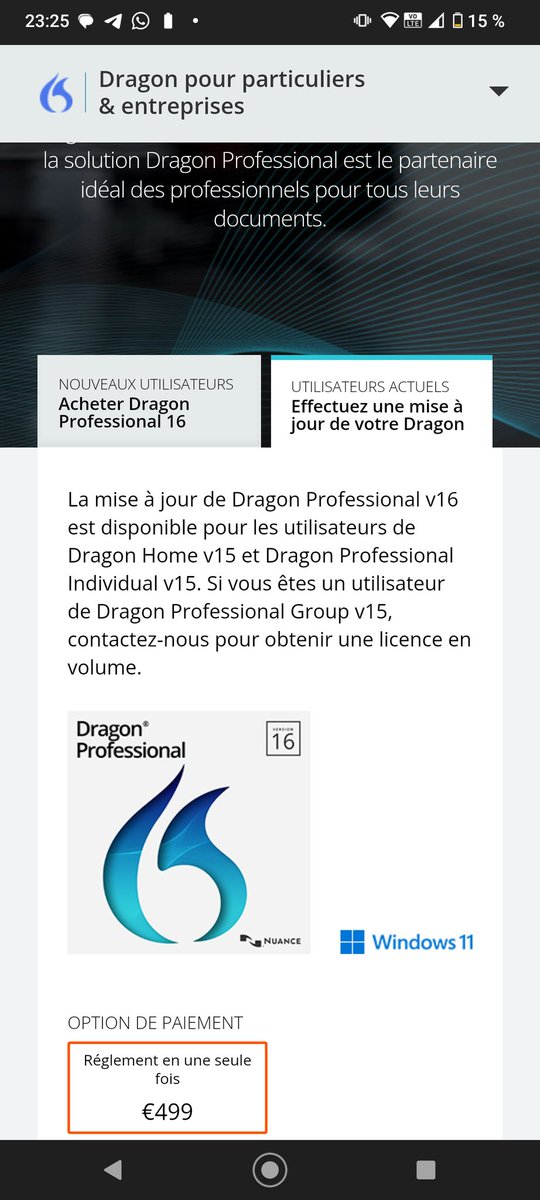Je commence par la bonne ou la mauvaise nouvelle. dragon naturally speaking v16 est enfin disponible en 🇫🇷. Compatibilité Windows 11 assuré. En revanche le tarif pour ceux qui ne peuvent pas utiliser leurs doigt coûtera un bras : 500€ l'upgrade. Cc <a href="/davrous/">David Rousset</a> <a href="/Philippe_Trotin/">Philippe Trotin</a>
