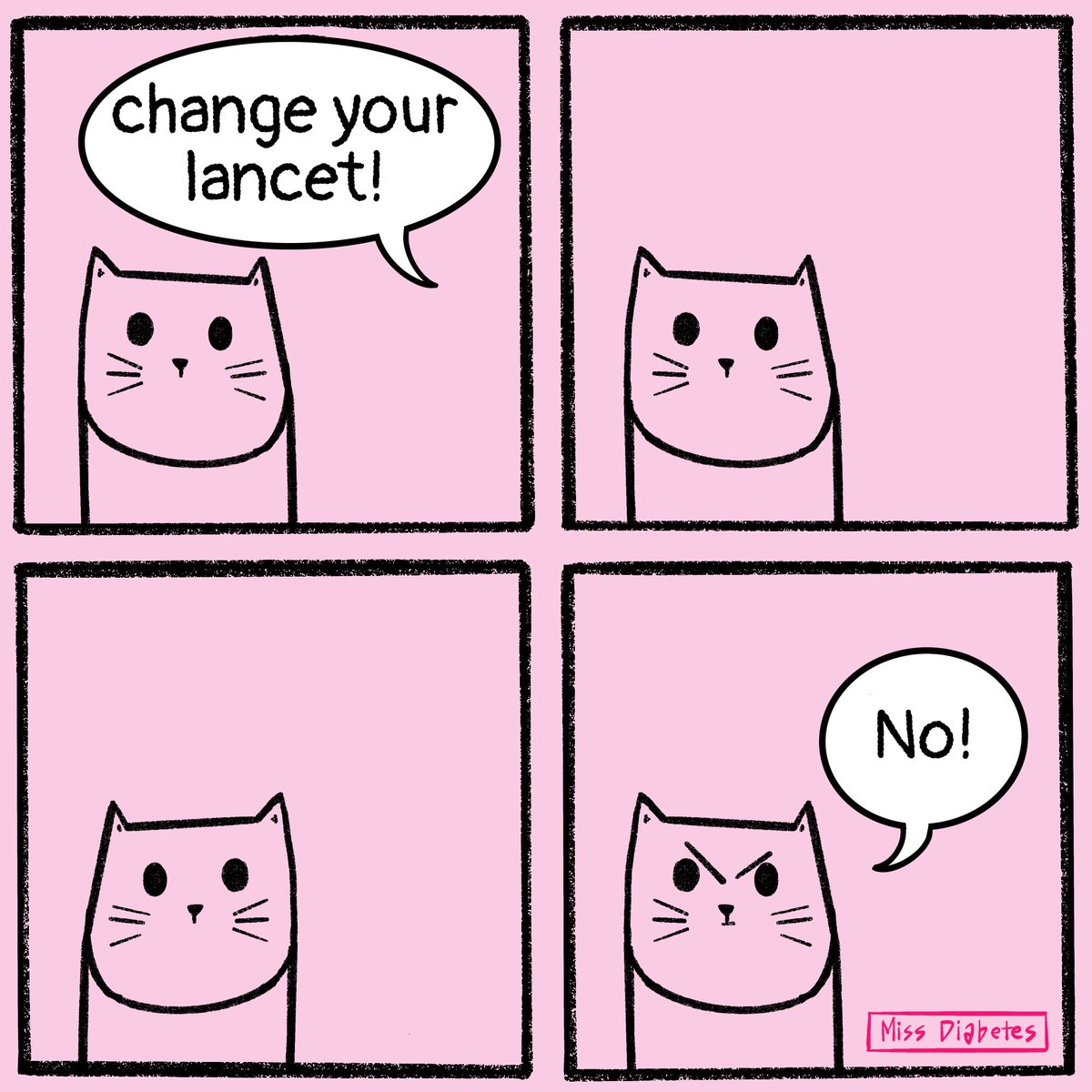 miss__diabetes's tweet photo. NEW COMIC! Diabetic Cat in solidarity with all diabetics who don’t change their lancet ✊🏼😼

Inspired by the simplicity of @claricetudor comics, (which are just brilliant) 

#diabetes #type1diabetes https://t.co/Ib9BEl9FeO