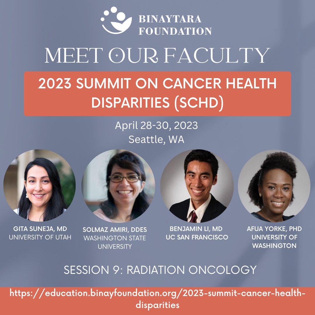 Binaytara (@binaytara) on Twitter photo Introducing the speakers for Session 9 of our 2023 Summit on Cancer Health Disparities (SCHD): Dr. @GitaSuneja, Solmaz Amiri, <a href="/BenLiMD/">Ben Li</a>, and <a href="/WomanPhysicist/">Afua A. Yorke Ph.D DABR 🇬🇭✈🇺🇸</a>! REGISTER: education.binayfoundation.org/2023-summit-ca…
<a href="/LiaHalaszMD/">Lia Halasz MD</a> <a href="/UofUHealth/">University of Utah Health</a> <a href="/WSUPullman/">WSU Pullman</a> <a href="/UCSF/">UC San Francisco</a> <a href="/UW/">University of Washington</a> #SCHD23 #AprilEvents #2023Events #CME Introducing the speakers for Session 9 of our 2023 Summit on Cancer Health Disparities (SCHD): Dr. @GitaSuneja, Solmaz Amiri, <a href="/BenLiMD/">Ben Li</a>, and <a href="/WomanPhysicist/">Afua A. Yorke Ph.D DABR 🇬🇭✈🇺🇸</a>! REGISTER: education.binayfoundation.org/2023-summit-ca…
<a href="/LiaHalaszMD/">Lia Halasz MD</a> <a href="/UofUHealth/">University of Utah Health</a> <a href="/WSUPullman/">WSU Pullman</a> <a href="/UCSF/">UC San Francisco</a> <a href="/UW/">University of Washington</a> #SCHD23 #AprilEvents #2023Events #CME