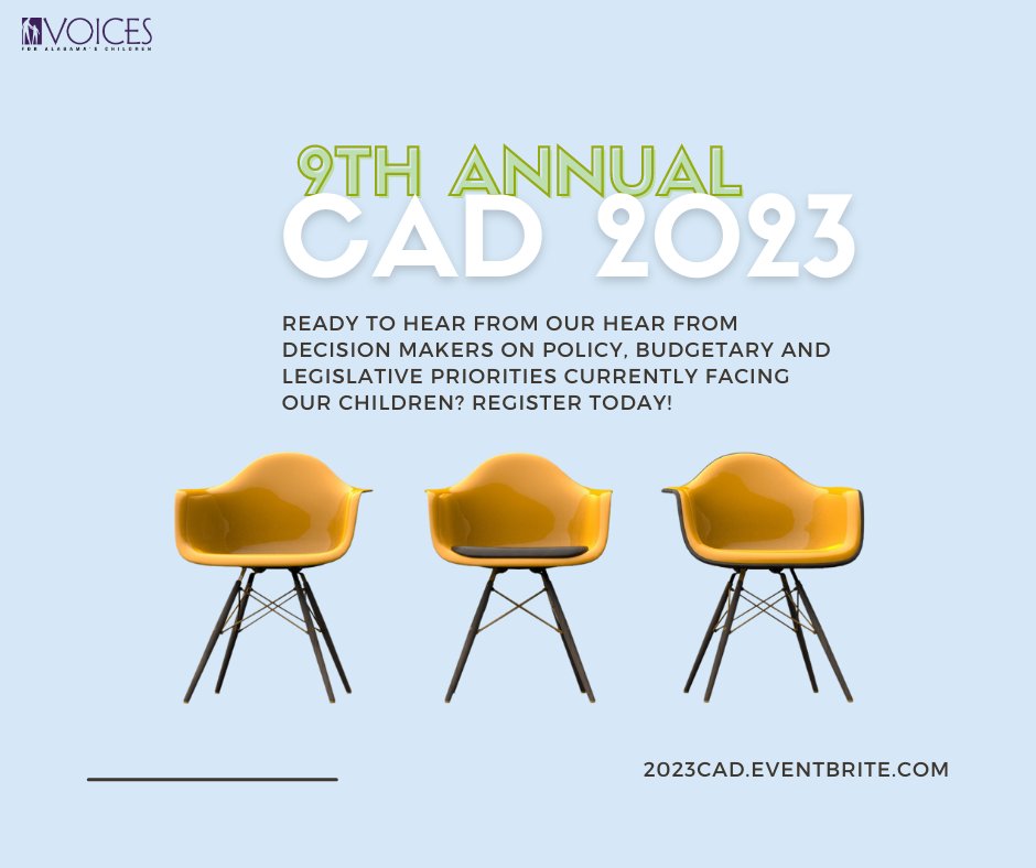 Our in-person option is sold out, but you can still join the waitlist and register for our WEBINAR! What are you waiting for? Register today at 2023CAD.EVENTBRITE.COM!

#Advocate #Advocacy #ChildAdvocacy #ChildAdvocacyDay #ChildAdvocacyDay2023 #Alabama #Legislature