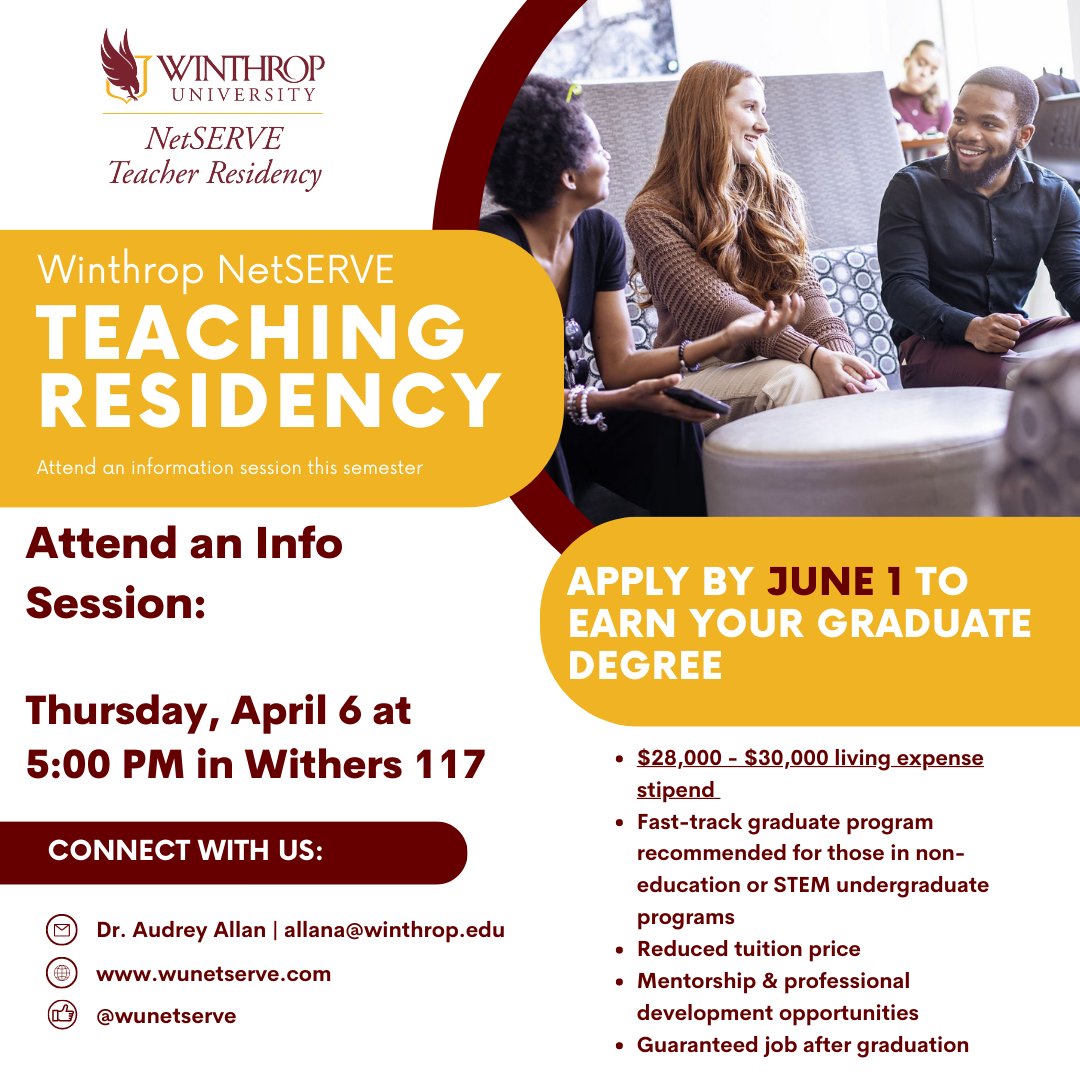 Are you exploring your future professional, academic, and personal paths? Do you want to learn more about the NetSERVE Teaching Residency Program? Come to Withers Thursday night to hear about what we can give you and ask any questions you may have!