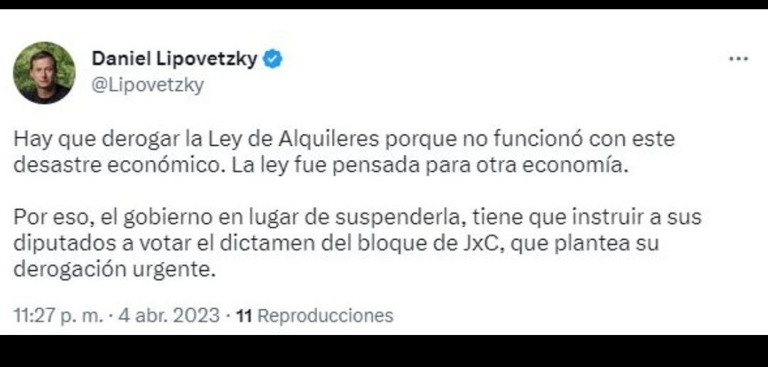 #alquileres <a href="/Lipovetzky/">Daniel Lipovetzky</a> <a href="/depropietarios1/">Propietarios Unidos de Argentina.</a> <a href="/ArielSqueff1977/">Ariel Squeff</a> <a href="/BrynRE/">Daniel Bryn 🏘️🏗️📈</a> <a href="/Propagrupados/">Propietarios Agrupados</a> <a href="/PatoBullrich/">Patricia Bullrich</a> <a href="/martintetaz/">Martin Tetaz</a> 
Jajajaj <a href="/Lipovetzky/">Daniel Lipovetzky</a> twitio y tubo que borrar el twui