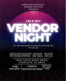 Big event planned for CETI!  April 19th, from 2pm-6pm we will be having a vendor night to celebrate our apprenticeship. We have invited tool vendors, sponsoring raffles/ demonstrations. Come visit the facility, classrooms, and lab areas. 

We hope to see you there!