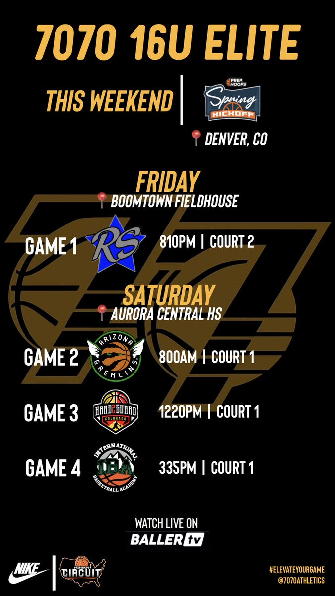 7070Athletics (@7070athletics) on Twitter photo Our 16U Elite Schedule for this upcoming weekend at the <a href="/PrepHoops/">Prep Hoops 🏀</a> Spring Kick-Off in Denver CO! Our 16U Elite team is our only team on the <a href="/PHCircuit/">Prep Hoops Circuit 🏀</a>!
#ElevateYourGame | #WeComin | #ColoradoSprings Our 16U Elite Schedule for this upcoming weekend at the <a href="/PrepHoops/">Prep Hoops 🏀</a> Spring Kick-Off in Denver CO! Our 16U Elite team is our only team on the <a href="/PHCircuit/">Prep Hoops Circuit 🏀</a>!
#ElevateYourGame | #WeComin | #ColoradoSprings