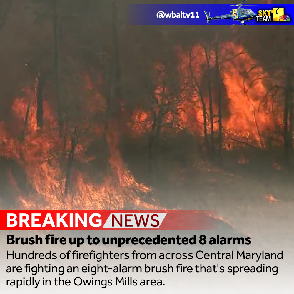 wbaltv11's tweet photo. Hundreds of firefighters from across Central Maryland are fighting a massive brush fire that's spreading rapidly in the Owings Mills area, officials said >> https://t.co/0WwGju0SCD https://t.co/ijXhQC8DBi