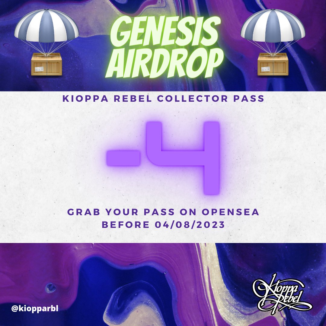 -4

Tic tac ⏰⏳
It's almost there...

Genesis Airdrop is coming
Grab your pass before 04/08/2023

#KioppaRebel
#CollectorPass 
#nftmusic 
#rapitaliano 
#hiphopitaliano 
#limitededitions 
#phygital
#revolution
#community
#airdrop
#genesis
#ancona
#indipendentartist
#ethereum