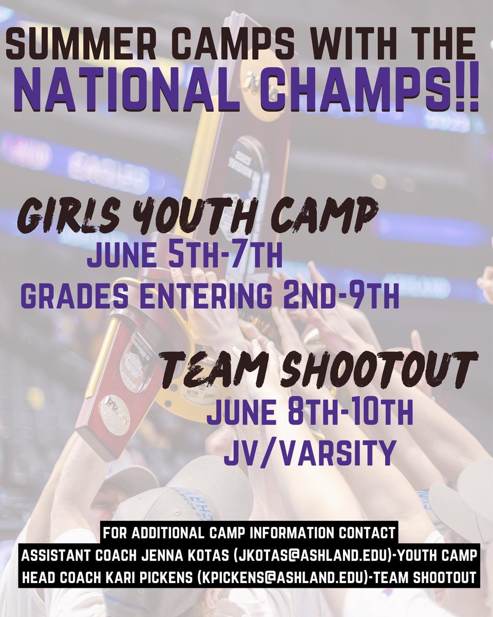AshlandWBB's tweet photo. 𝙎𝙄𝙂𝙉 𝙐𝙋 𝙏𝙊𝘿𝘼𝙔

Join the D2 National Champions 
for Summer Camp this June 🦅🏆🏀 https://t.co/Mf6HqO2XQn
