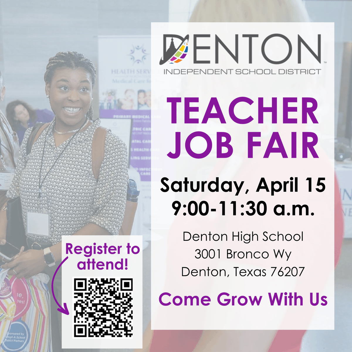 <a href="/dentonisd/">Denton ISD</a> is hosting a Teacher Job Fair on Saturday, April 15th! Attend to learn more about iteach and jobs with the district.

When? Saturday, April 15th from 9am-11:30am

Where? Denton High School
3001 Bronco Wy
Denton, Texas 76207

Register to attend: bit.ly/3ZFUx3o