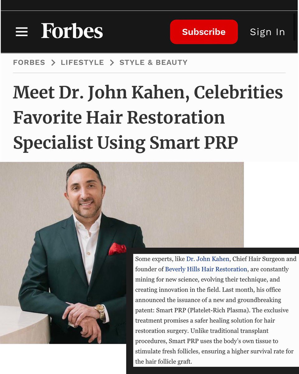 JohnKahenMD's tweet photo. Honored to be featured in @Forbes magazine talking all about hair restoration. https://t.co/Hvy8puRpH0