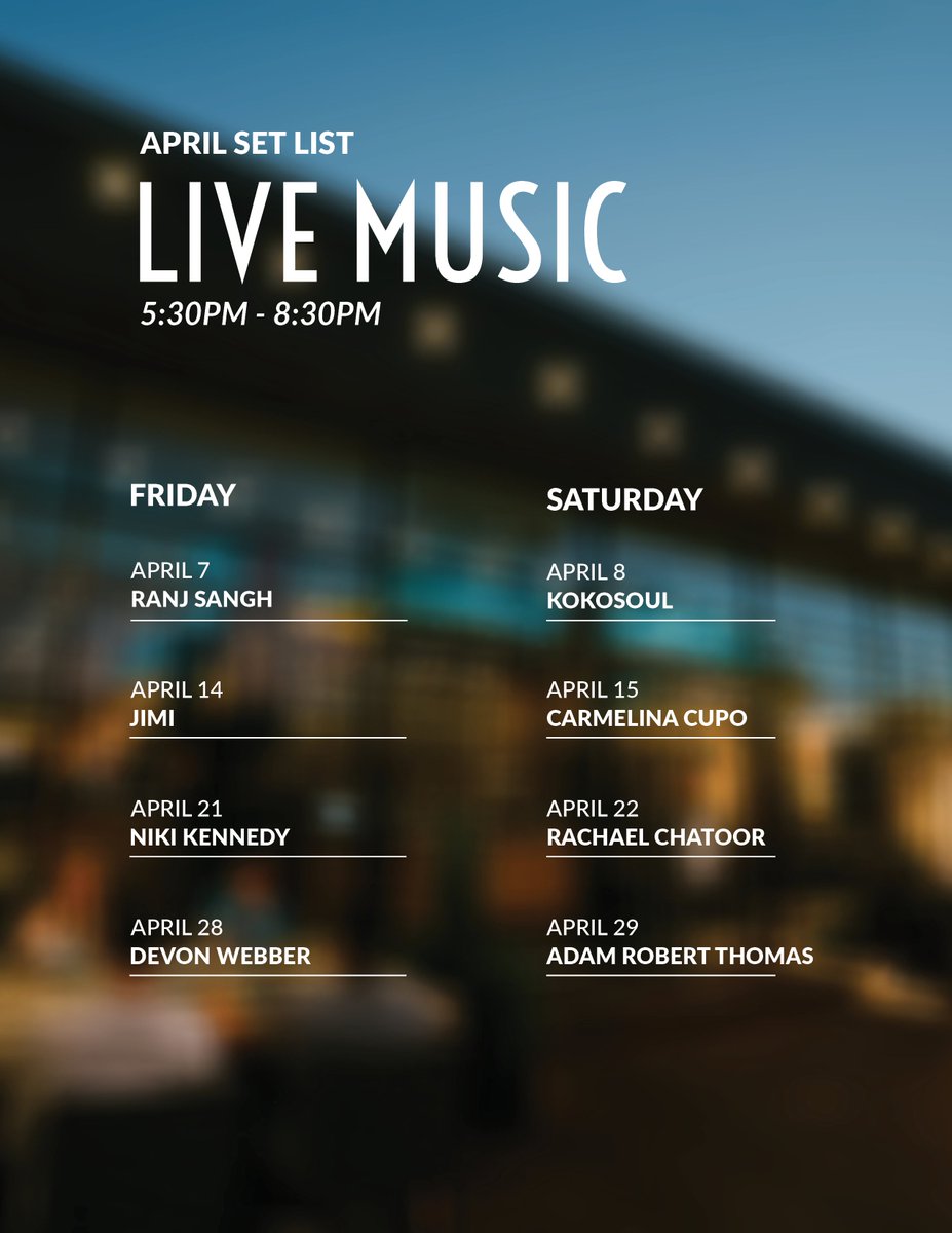 Dinner is always better with a show. 🎶 

This month's live local lineup includes:
.
.
.

<a href="/ranj/">ranj</a>.singh
@KokoSoulMusic
<a href="/jimisound/">Gene Vann</a>
@carmelinacupo
<a href="/nikikennedyca/">Niki Kennedy</a>
@Rachaelchatoor
@DevWebber
@adamrobertthomasmusic