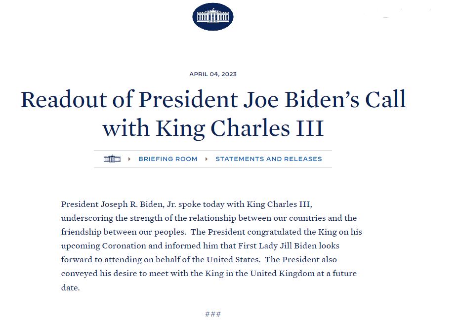 🇬🇧🇺🇸 King Charles III and President Joe Biden spoke on the phone today.

They underscored the strong UK-US relationship and the friendship between our peoples. 

<a href="/POTUS/">President Donald J. Trump</a> congratulated The King on his upcoming Coronation and informed him that <a href="/FLOTUS/">First Lady Melania Trump</a> looks forward to attending.